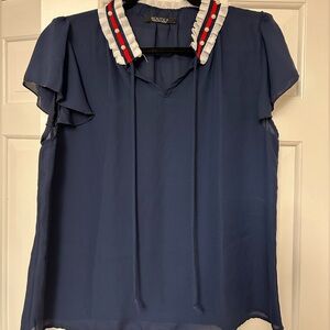 Rouje Navy Ruffle Collar Tie-Neck Blouse with Red Trim